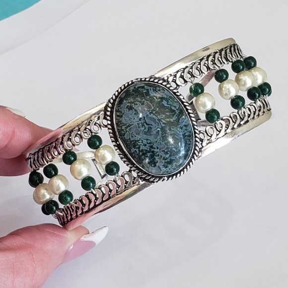 Hand Crafted Jewelry - Onyx bracelet, 925 silver moss agate green onyx adjustable cuff bracelet
